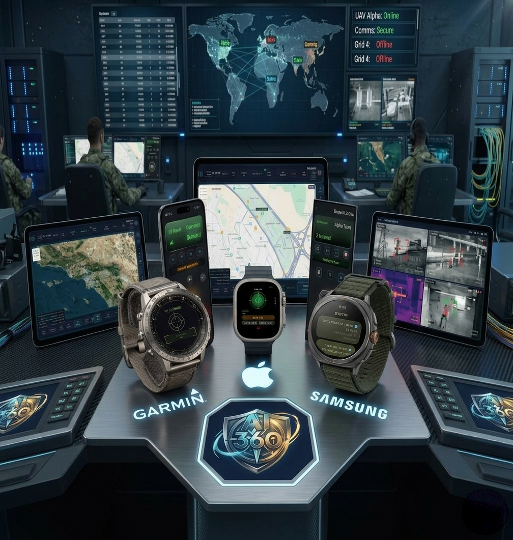 חמ״ל 360 Ai על שעונים חכמים — Garmin, Apple Watch ו-Samsung Galaxy Watch לצד טאבלטים וטלפונים בחדר בקרה